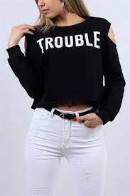 Omuz Detayli Siyah Bayan Kisa Sweat 9673b Stil Kiyafetler Moda Stilleri Giyim