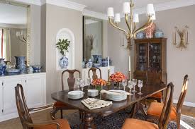 Wendy Labrum Interiors Traditional Queen Anne Dining Room Set Updated With Orange And Neutrals Transitional Dining Room Orange Dining Room Grey Dining Tables