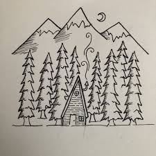 Black And White Pen Drawing Mountains Snow Moon Night Forest Wood Trees House Cabin Nature Chimney Fire Pen Drawing Forest Drawing Forrest Drawing