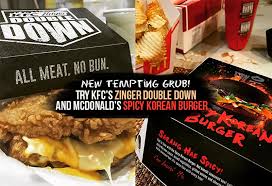 It has two pieces of fried chicken fillet instead of the typical bread, containing bacon, cheese, and sauce. New Tempting Grub Try Kfc S Zinger Double Down And Mcdonald S Spicy Korean Burger Klnow