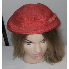 Vintage 1930s Hat Round Red Linen Perch Tilt Hat Cap Button Detail Laurel  Hurst Art Deco Mid Century 20.5 in.