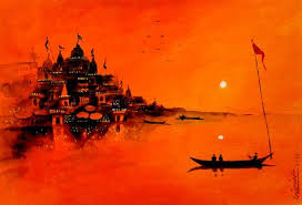 Varanasi Ghat 01 Indian Art Paintings Drawing Sunset Landscape Paintings