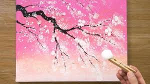 Learn how to paint a beautiful cherry blossom branch with acrylics. Cherry Blossom Tree Under Pink Sky Cotton Painting Technique 469 Cherry Blossom Painting Cherry Blossom Painting Acrylic Cherry Blossom Watercolor