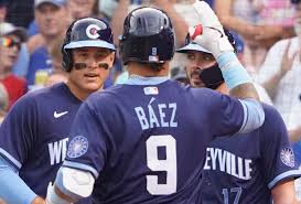 Javier baez homers (4) on a fly ball to left field. 2021 Cubs Heroes And Goats Game 98 Bleed Cubbie Blue