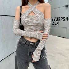 Bababy Set Striped Cropped Halter Top Fingerless Gloves Yesstyle