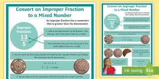 For example 134 = 74, as shown here: Converting An Improper Fraction To A Mixed Number Display Poster