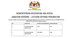 Graduan latihan separa perubatan berpeluang ditawarkan pelantikan tetap atau kontrak ke skim perkhidmatan yang berkaitan dalam perkhidmatan awam. Tawaran Latihan Separa Perubatan Kementerian Kesihatan Malaysia Jawatan Tetap E Semak Com