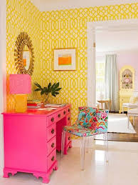 Bright Pink Desk With Yellow Wallpaper Pink Home Offices Decor Home