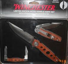 Second knife is a locking pocket knife with belt clip, open is 6 1/4. Winchester Limited Edition 2009 Wood Handle Knife 3piece Set In Collector S Tin Ebay