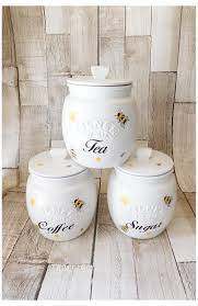 Rae dunn queen bee canister honey bee mug honey bee pot. White Bumble Bee Kitchen Canisters Tea Coffee Sugar Jars Bee Kitchen Decor Ideas Each Jar Has Had 4 Coats In 2021 Tea Coffee Sugar Jars Honey Bee Decor Bee Decor