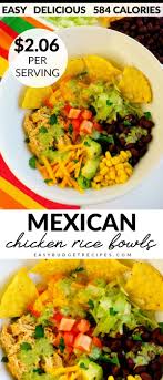 Marinated chicken thighs simmer together with healthy vegetables, black beans, and rice. Mexican Chicken Rice Bowls Easy Budget Recipes