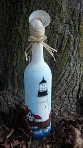 Wine Bottle Painted Looks Like Portland Head Light What A Cute Idea Bottles Decoration Wine Bottle Crafts Bottle Crafts