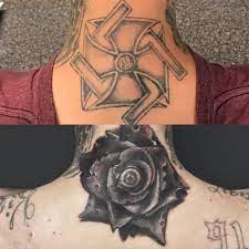 The iron cross is still one of the earliest recognizable and symbolic symbols in the human civilization. Tattoo Uploaded By Justin Fleetwood A Swastika Iron Cross Cover Up I Did Recently Swastikacoverup Coverup Rose Necktattoo Neck Roses Eye 837686 Tattoodo