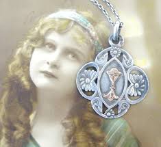 French Vintage Pendant , Chalice Medal Art Nouveau Silver and Rose Gold