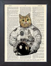 Cat Astronaut Art Print Poster Space Suit Upcycled Dictionary Book Pages Home Dorm Wall Art Decor Code 050 Astronaut Art Posters Art Prints Astronaut Cat