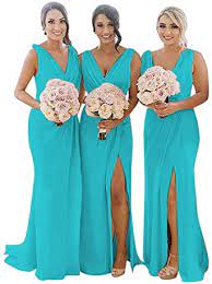 Tiffany blue bridesmaid dresses amazon. Ruched V Neck Chiffon Bridesmaid Dresses Long For Wedding Formal Evening Dress With Split At Amazon Women S Clothing Store