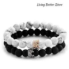 Black And White Bracelet Couples Bracelet Black White Stone Beads Golden Silver With Crown Jewelry Discover The Most Bea Natural Stone Bracelets Bracelets For Men Stone Bracelet