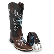 Bota Texana Feminina Country Texas Gold Bordado Azul + Cinto Exclusivo Ref:10000