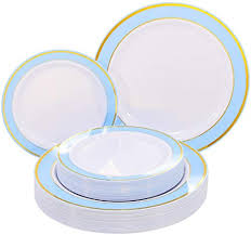 Paper plates and plastic utensils are suitable for a picnic or a barbecue but not for a dinner party. Nervure 102 Pcs Blue With Gold Rim Disposable Plates Wedding And Party Plastic Plate Include 51pcs 10 25inch Dinner Plates And 51pcs 7 5inch Dessert Salad Plates Christmas Wedinng Party Supplies Buy Online In Antigua And Barbuda