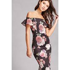 Forever21 Floral Off The Shoulder Dress 28 Liked On Polyvore Featuring Dresses Black Lo Bodycon Floral Dress Long Sleeve Mini Dress Flutter Sleeve Dress
