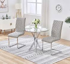 Small glass dining table set for 2. Clear Glass Dining Table And 2 Chairs Set Modern Faux Leather High Back 90cm Round Tempered Top Chrome Legs Sturdy Home Kitchen Living Room Office Table Set Table 2 Ash Grey Chairs Buy Online