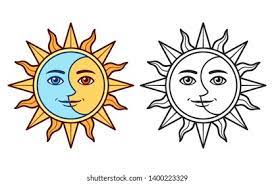 Vector cartoon illustration of half moon with stars and sun among clouds looking to each other and smiling. Stylized Half Sun Half Moon Face Stock Vector Royalty Free 1400223329