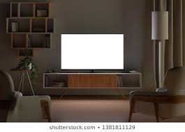Tv Mockup In Living Room At Night Tv Screen Tv Cabinet Chairs Bookshelf 3d Illustration Living Room Int Living Room Stock Images Free Living Room Interior