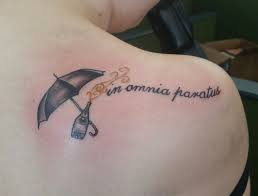 #gilmore girls #in omnia paratus #tattoos #ink #script tattoo #ready for anything. Minus The Champagne Bottle Maybe With A Cute Feather Instead Of Umbrella Girl Shoulder Tattoos Umbrella Tattoo Gilmore Girls Tattoo