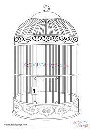 Coloring page with decorative vintage flowers, tree and cages. Bird Cage Colouring Page