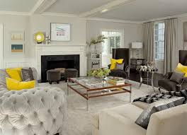 Velvet sofas offer way more than a regular couch. Yellow And Gray Living Room With Light Gray Velvet Tufted Curved Sofa Contemporary Living Room