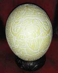 Eggshell facts, how often are ostrich eggs laid, ostrich egg nutrition facts, how many chicken eggs one ostrich egg replaces, recipes, pricing, and where to buy one! African Hand Carved Ostrich Egg With Animals