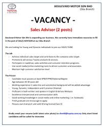 Applications are invited from malaysian citizens residing in sarawak aged 18 and above and less than 54 years from the date of application, as well as to fill the following positions in. Toyota Sibu Vacancy