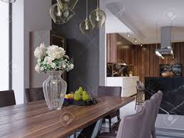 Hooker furniture arabella 60 inch round pedestal dining table. Modern Open Plan Dining Room Interior With A Large Table With Formal Place Settings In A Long Room With Feature Windows A Kitchen And Counter 3d Rendering Stock Photo Picture And Royalty Free