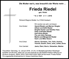 Traueranzeigen von Frieda Riedel