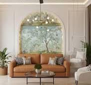 Modern living room with glossy beige marble floor tiles and ...