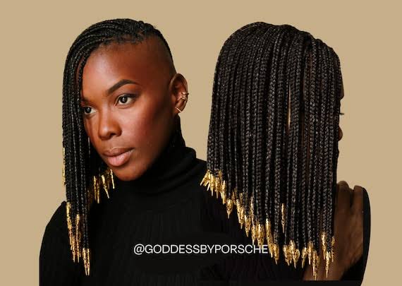 Metallic gold cuffs and braid accents, AI generated