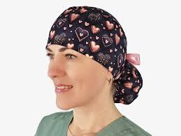 Valentines Scrub Caps Ponytail for Woman, Hearts Surgical Scrub Hat, Nurse  Cap With Buttons