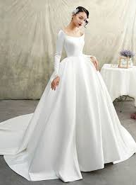 White Ball Gown Satin Bateau Long Sleeve Wedding Dress With Train Ball Gowns Wedding Long Sleeve Princess Wedding Dresses Plain Wedding Dress