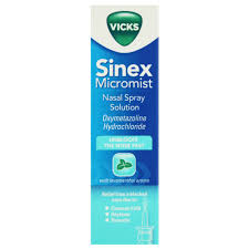 Actuation of a nasal spray bottle, used to deliver medication via the nostrils. Vicks Sinex Micromist Nasal Spray 15ml Travelpharm