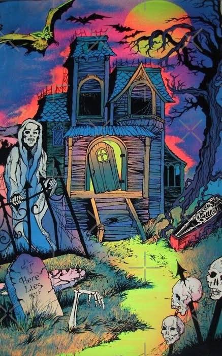 Haunted House - Retro Blacklight Style Graveyard Scene by WigOutlet | Redbubble