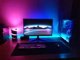 I Love Those Colours Also I Want To Put Another Monitor On Top Of This One Should I Get A 32 Inc Gaming Room Setup Computer Gaming Room Video Game Room Design