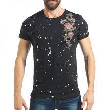 Мъжка черна тениска с рози tsf020218-77 | Fashionmix.bg