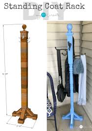 For the cute braces on the rack, we cut 4 pieces of 2×4 both ends at 45 degree angles @ 13″ long point to long and we attached it to the top of the coat rack with wood glue and 2 1/2 inch wood screws. Standing Coat Rack My Love 2 Create