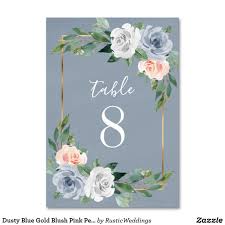 Dusty Blue Gold Blush Pink Peach Floral Wedding Table Number Zazzle Com Wedding Table Numbers Wedding Table Pink Blue And Blush Wedding