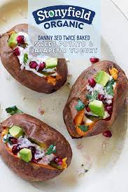Twice Baked Overstuffed Sweet Potato With Jalapeno Yogurt Avocado And Cilantro Recipe Twice Baked Sweet Potatoes Sweet Potato Recipes Baked Sweet Potato Recipes
