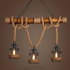 Countryside Vintage Pendant Light Loft Hemp Rope Bamboo Iron Cage Hanging Lamp Hand Knitted Ligh Rope Pendant Lamps Vintage Pendant Lighting Rope Pendant Light
