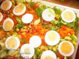 Boiled eggs (sliced) pasta (boiled) potatoes (spiralised and boiled) salad tomatoes. Nigerian Salad All Nigerian Recipes