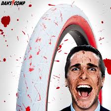 Ah yeah! @fictionbikes Hydra tires are now in stock including the new  white/red splatter psycho colorway 🩸 Notice the subtle off-white coloring.  The tasteful thickness of the tread… Ok enough movie references.