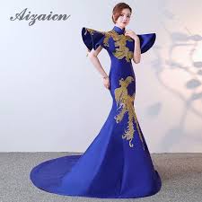 Royal Blue Applique Traditional Chinese Wedding Gown Cheongsam Qipao Dress Dragon Phoenix Clothi Evening Dresses With Sleeves Chinese Gown Womens Evening Gowns