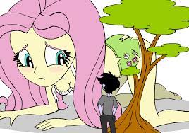 1758721 - suggestive, artist:drsgrowth, fluttershy, oc, equestria girls,  blushing, breasts, cleavage, clothes, embarrassed, embarrassed underwear  exposure, female, giantess, growth, macro, male, torn clothes, tree,  underwear - Derpibooru